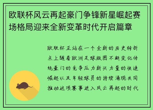欧联杯风云再起豪门争锋新星崛起赛场格局迎来全新变革时代开启篇章