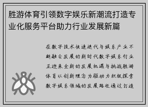 胜游体育引领数字娱乐新潮流打造专业化服务平台助力行业发展新篇